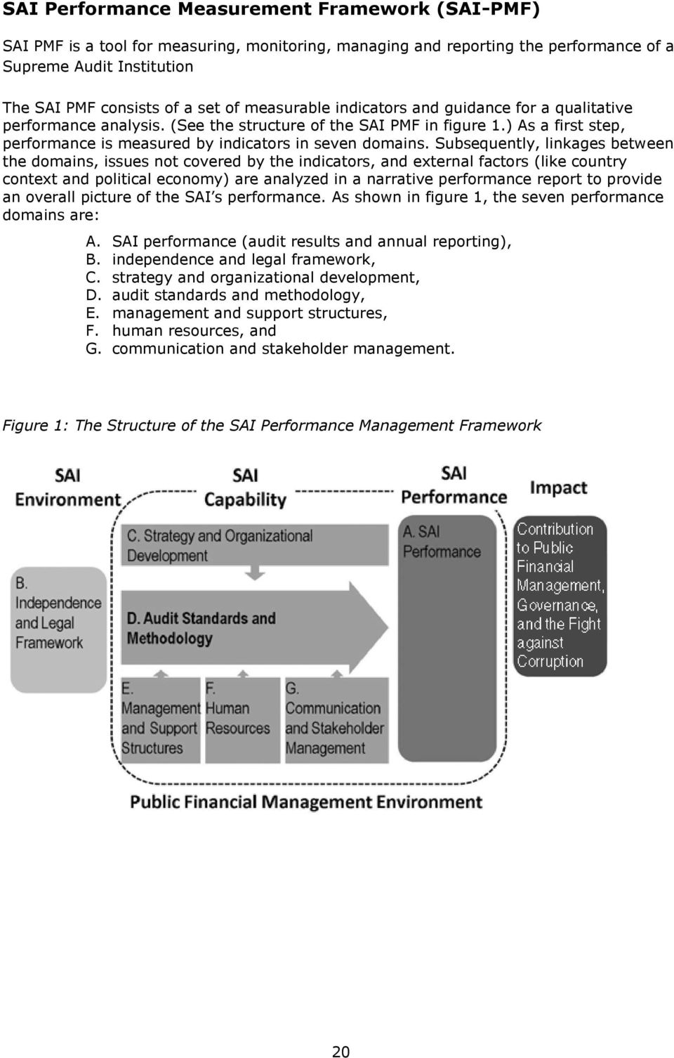 Subsequently, linkages between the domains, issues not covered by the indicators, and external factors (like country context and political economy) are analyzed in a narrative performance report to