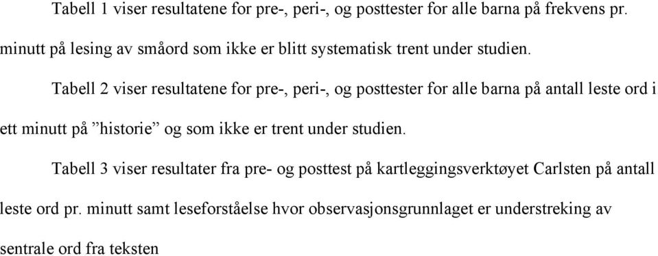 Tabell 2 viser resultatene for pre-, peri-, og posttester for alle barna på antall leste ord i ett minutt på historie og som ikke