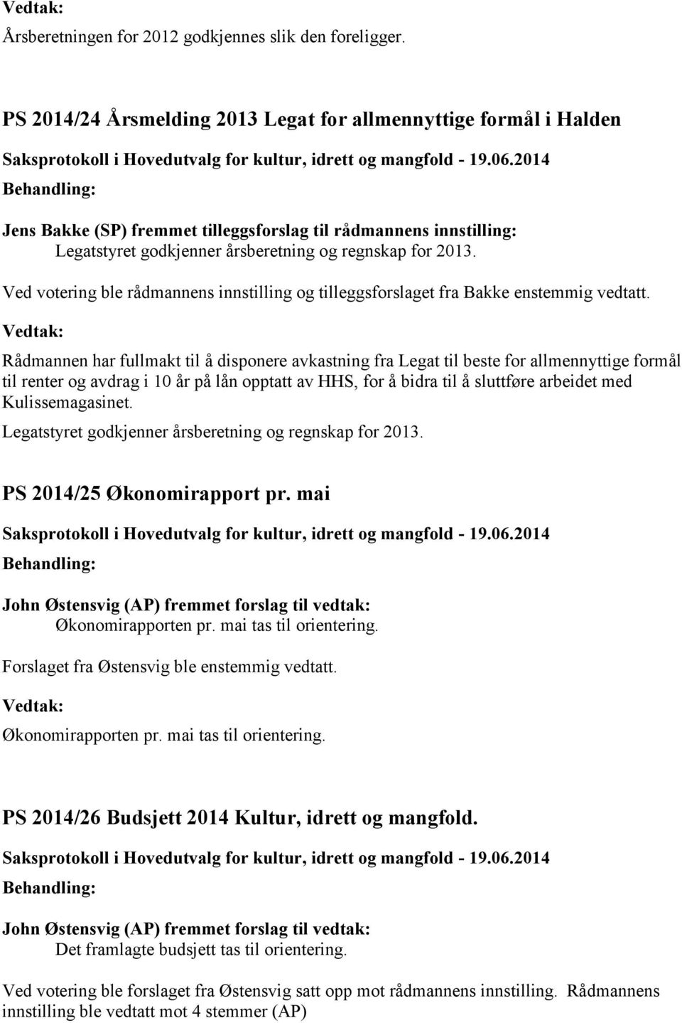 Ved votering ble rådmannens innstilling og tilleggsforslaget fra Bakke enstemmig vedtatt.