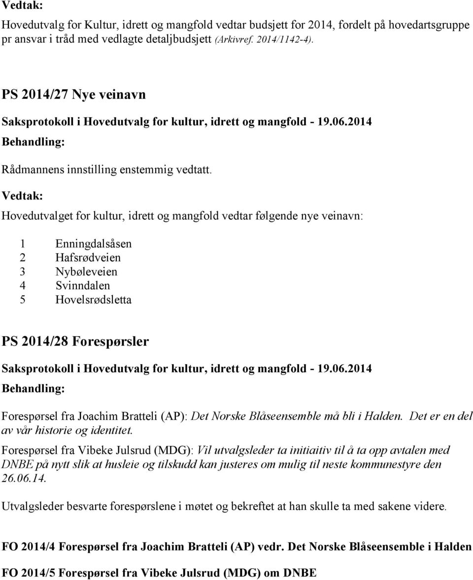 Hovedutvalget for kultur, idrett og mangfold vedtar følgende nye veinavn: 1 Enningdalsåsen 2 Hafsrødveien 3 Nybøleveien 4 Svinndalen 5 Hovelsrødsletta PS 2014/28 Forespørsler Forespørsel fra Joachim