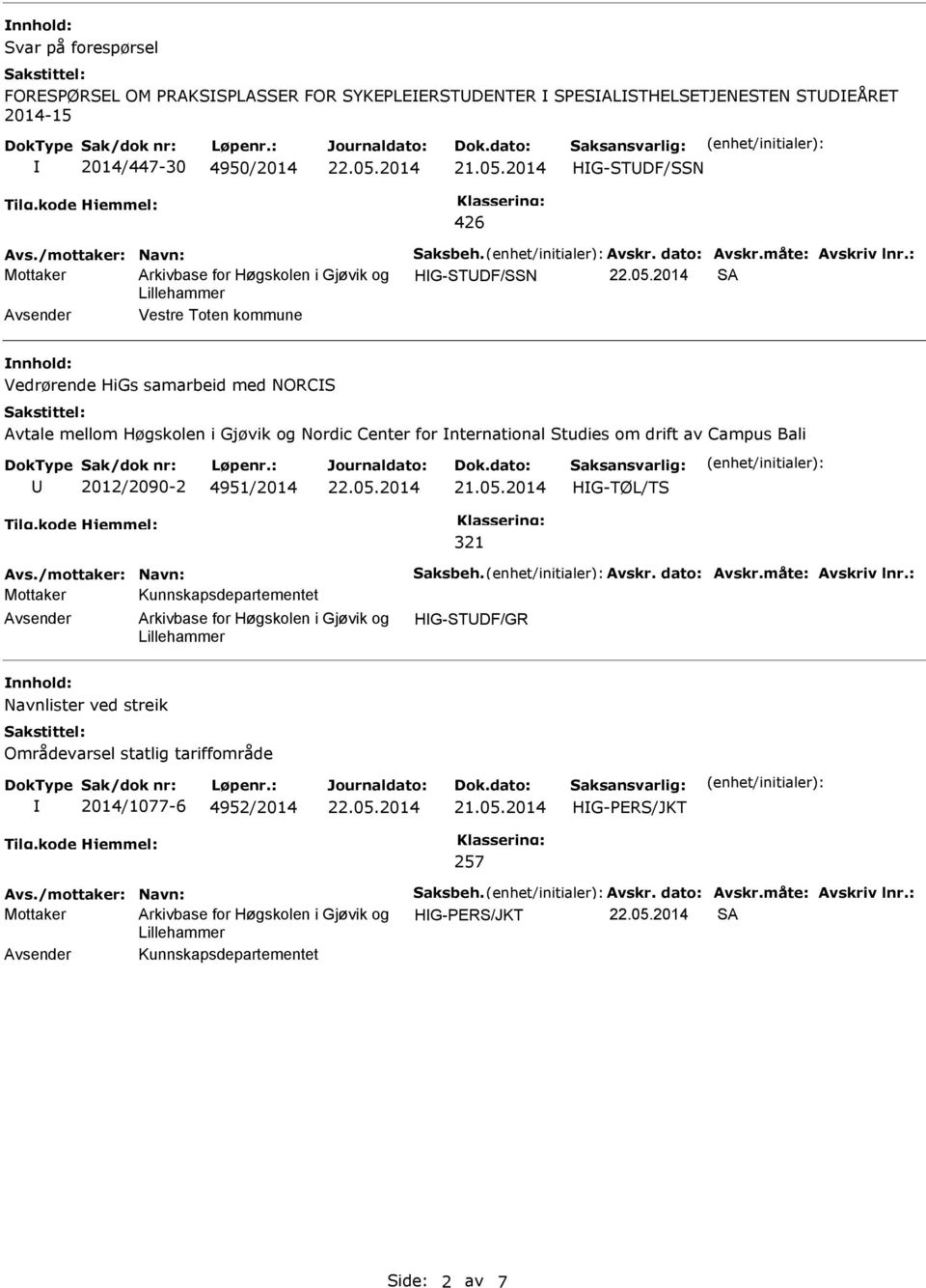 nternational Studies om drift av Campus Bali U 2012/2090-2 4951/2014 HG-TØL/TS 321 Avs./mottaker: Navn: Saksbeh. Avskr. dato: Avskr.måte: Avskriv lnr.
