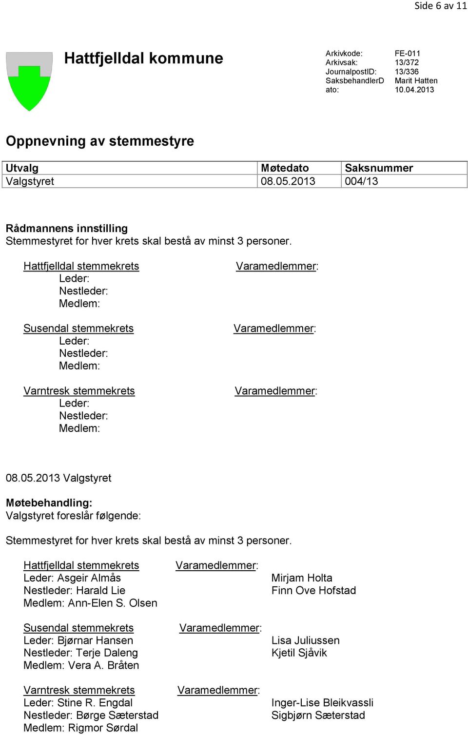 Hattfjelldal stemmekrets Leder: Nestleder: Medlem: Susendal stemmekrets Leder: Nestleder: Medlem: Varntresk stemmekrets Leder: Nestleder: Medlem: 08.05.