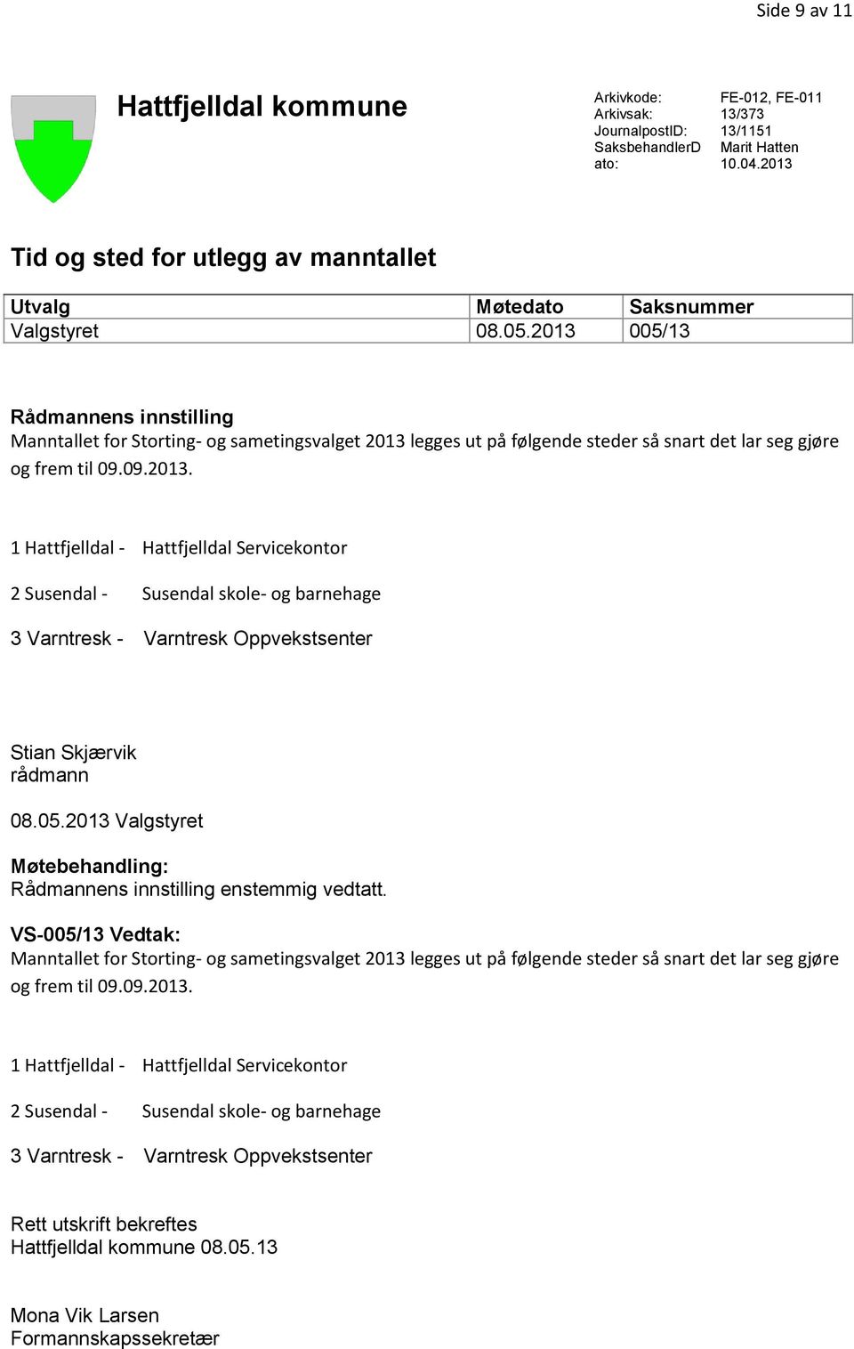 2013 005/13 Rådmannens innstilling Manntallet for Storting- og sametingsvalget 2013 legges ut på følgende steder så snart det lar seg gjøre og frem til 09.09.2013. 1 Hattfjelldal - Hattfjelldal Servicekontor 2 Susendal - Susendal skole- og barnehage 3 Varntresk - Varntresk Oppvekstsenter Stian Skjærvik rådmann 08.