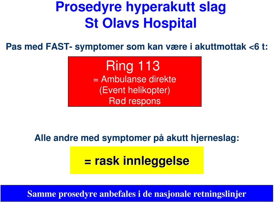 helikopter) Rød respons Alle andre med symptomer på akutt hjerneslag: