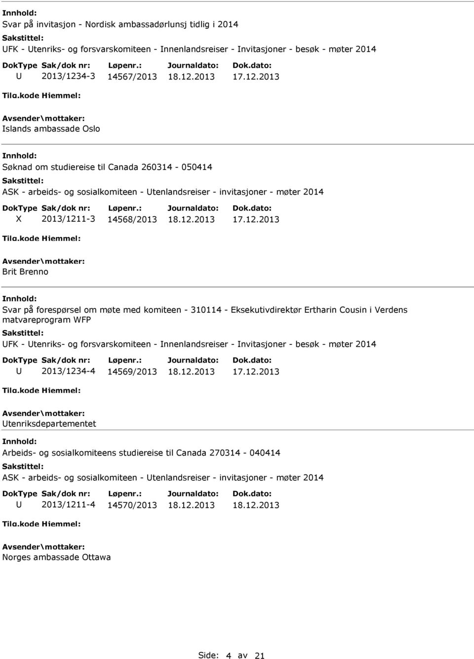 310114 - Eksekutivdirektør Ertharin Cousin i Verdens matvareprogram WFP FK - tenriks- og forsvarskomiteen - nnenlandsreiser - nvitasjoner - besøk - møter 2014 2013/1234-4 14569/2013