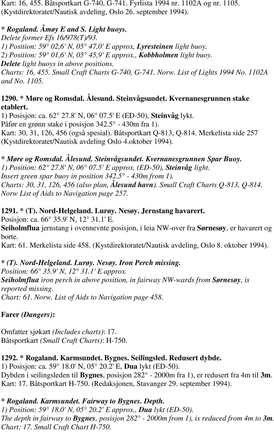 Delete light buoys in above positions. Charts: 16, 455. Small Craft Charts G-740, G-741. Norw. List of Lights 1994 No. 1102A and No. 1105. 1290. * Møre og Romsdal. Ålesund. Steinvågsundet.