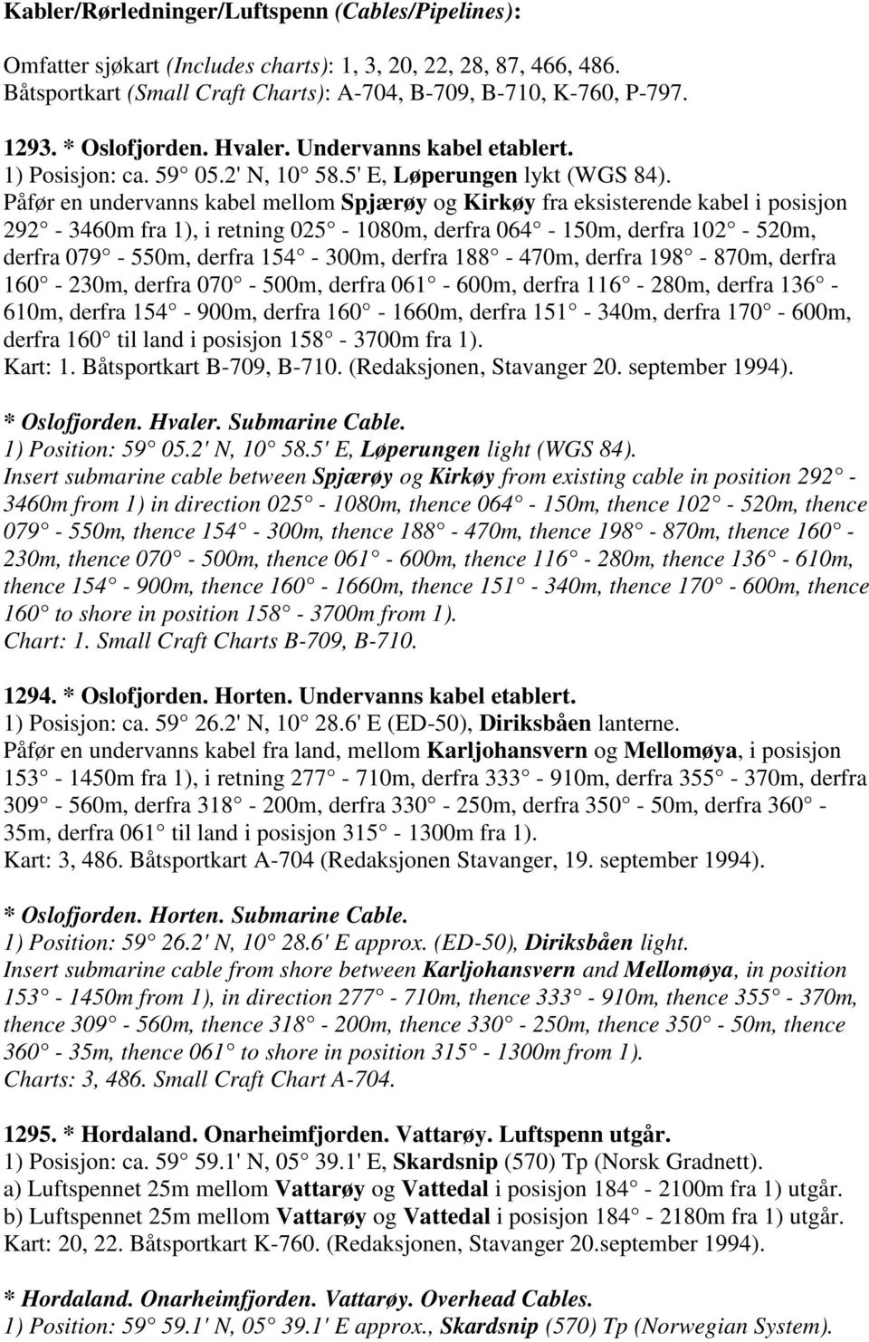 Påfør en undervanns kabel mellom Spjærøy og Kirkøy fra eksisterende kabel i posisjon 292-3460m fra 1), i retning 025-1080m, derfra 064-150m, derfra 102-520m, derfra 079-550m, derfra 154-300m, derfra