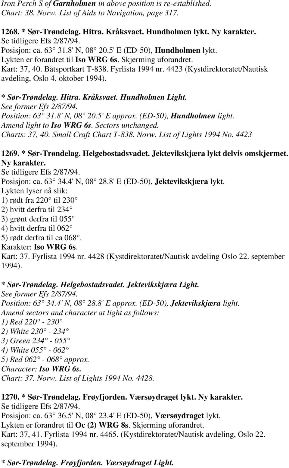 4423 (Kystdirektoratet/Nautisk avdeling, Oslo 4. oktober * Sør-Trøndelag. Hitra. Kråksvaet. Hundholmen Light. See former Efs 2/87/94. Position: 63 31.8' N, 08 20.5' E approx.