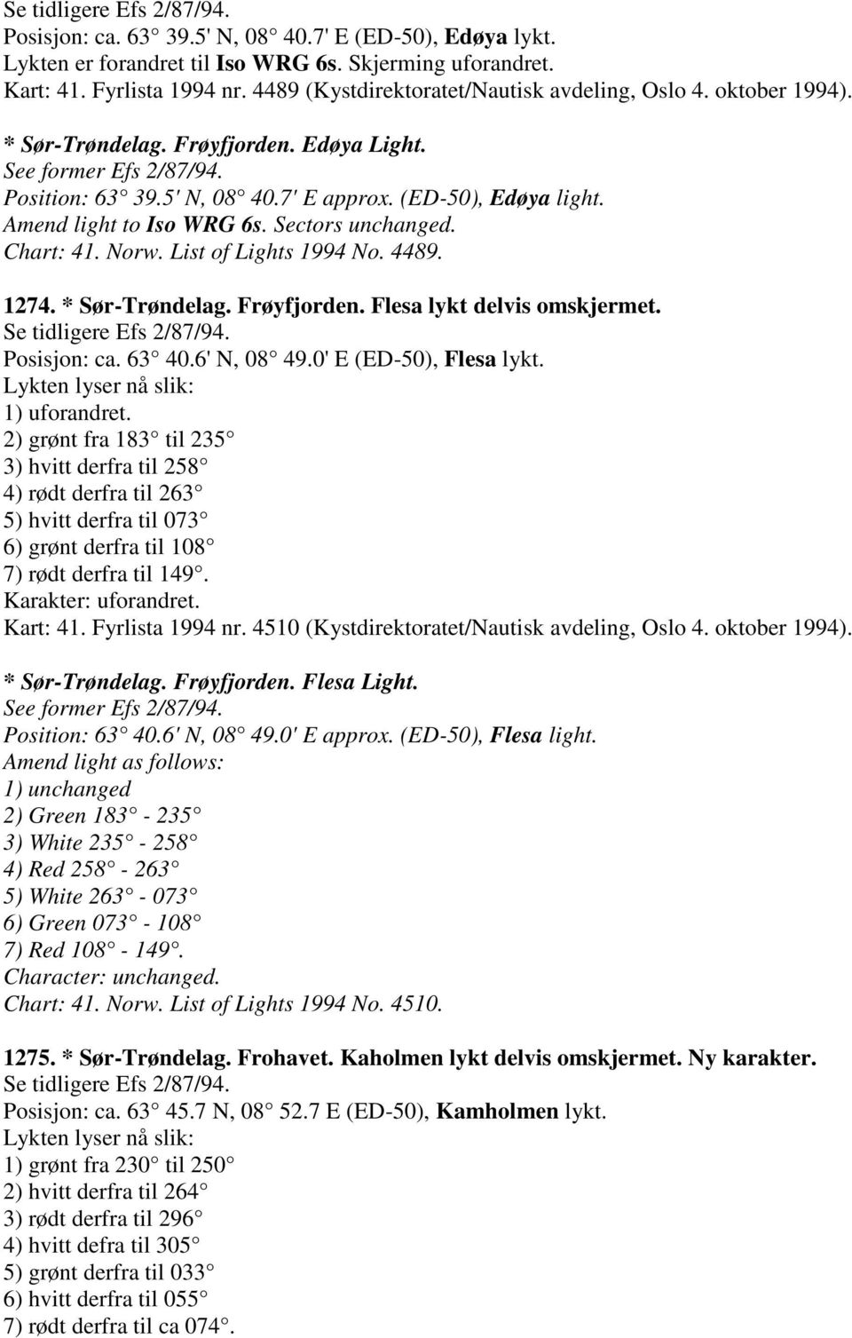 Amend light to Iso WRG 6s. Sectors unchanged. Chart: 41. Norw. List of Lights 1994 No. 4489. 1274. * Sør-Trøndelag. Frøyfjorden. Flesa lykt delvis omskjermet. Se tidligere Efs 2/87/94. Posisjon: ca.