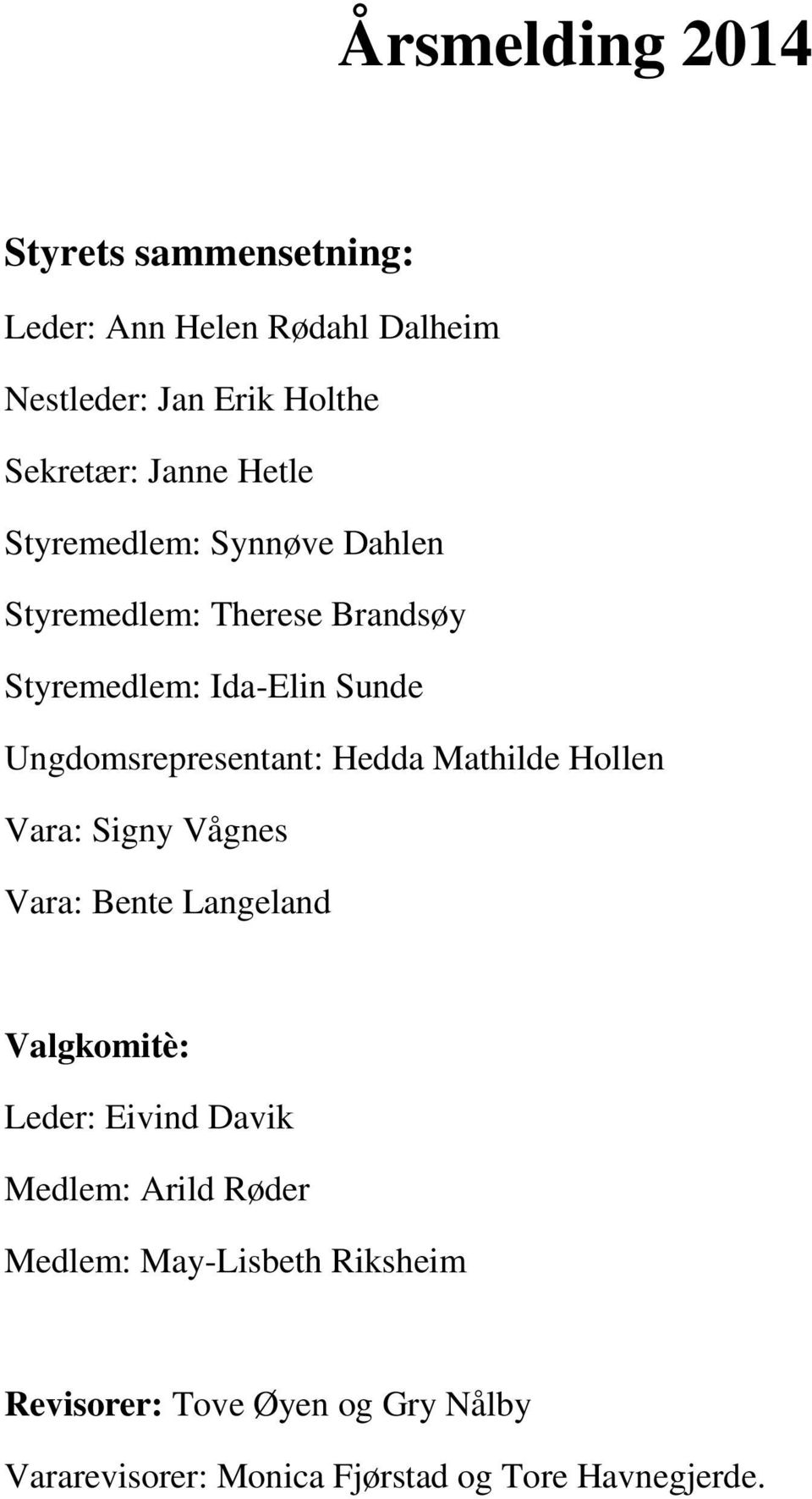 Hedda Mathilde Hollen Vara: Signy Vågnes Vara: Bente Langeland Valgkomitè: Leder: Eivind Davik Medlem: Arild