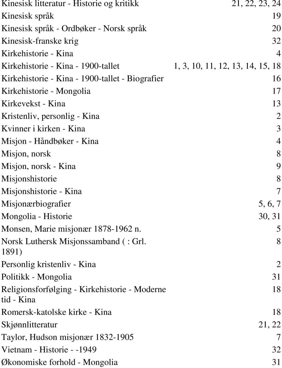 3 Misjon - Håndbøker - Kina 4 Misjon, norsk 8 Misjon, norsk - Kina 9 Misjonshistorie 8 Misjonshistorie - Kina 7 Misjonærbiografier 5, 6, 7 Mongolia - Historie 30, 31 Monsen, Marie misjonær 1878-1962