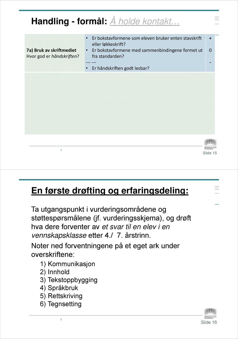 Slide 15 En første drøfting og erfaringsdeling: Ta utgangspunkt i vurderingsområdene og støttespørsmålene (jf.