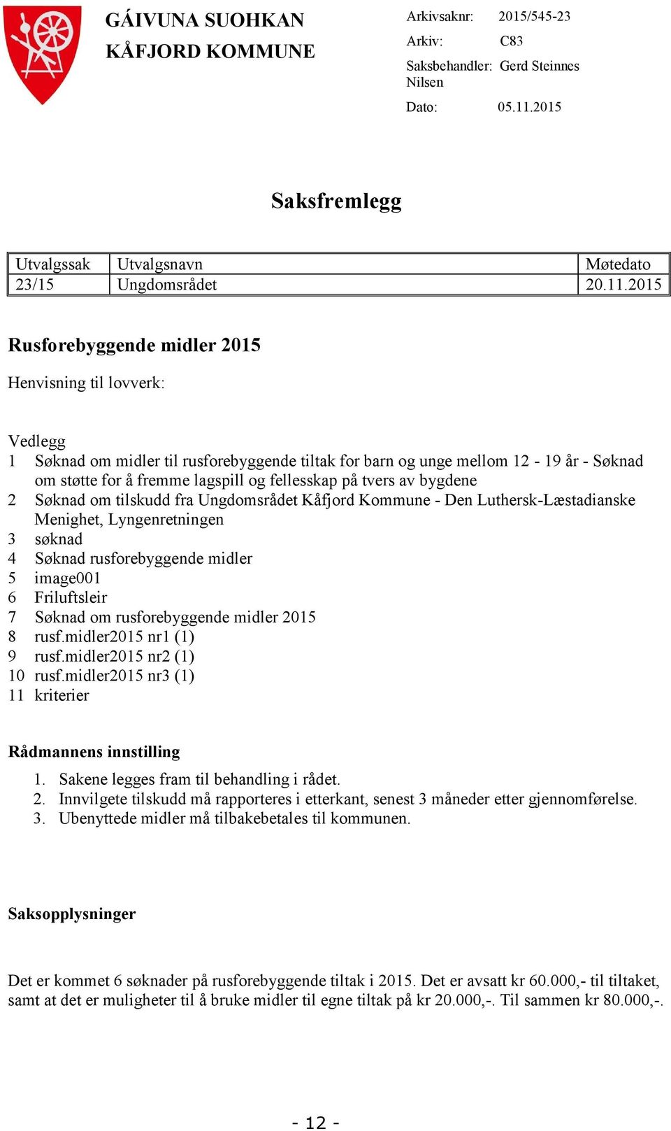 2015 Rusforebyggende midler 2015 Henvisning til lovverk: Vedlegg 1 Søknad om midler til rusforebyggende tiltak for barn og unge mellom 12-19 år - Søknad om støtte for å fremme lagspill og fellesskap