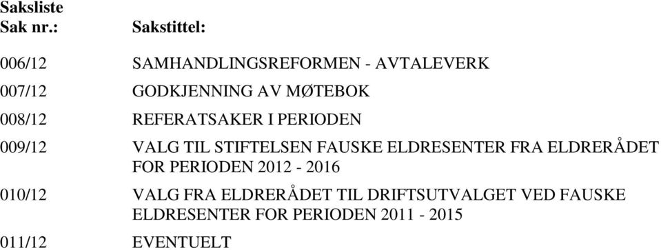 MØTEBOK 008/12 REFERATSAKER I PERIODEN 009/12 VALG TIL STIFTELSEN FAUSKE