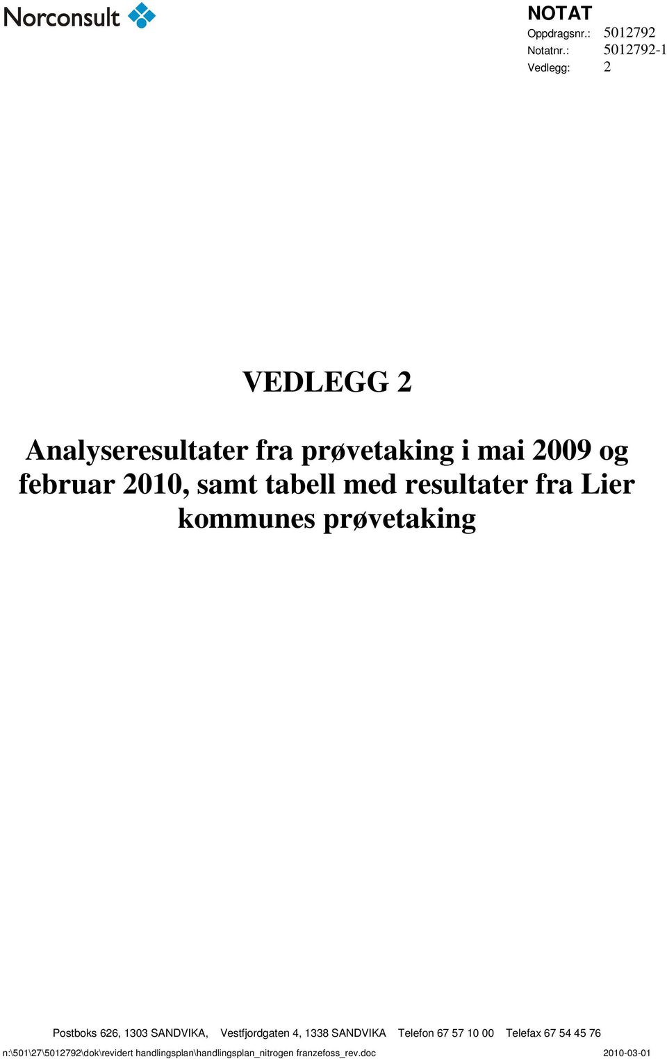 samt tabell med resultater fra Lier kommunes prøvetaking Postboks 626, 1303 SANDVIKA,