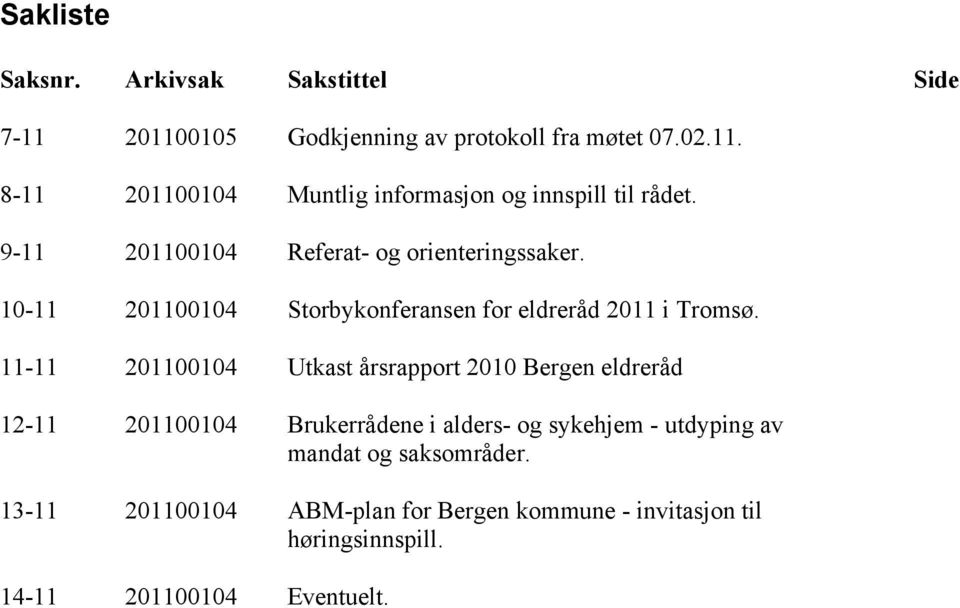 11-11 201100104 Utkast årsrapport 2010 Bergen eldreråd 12-11 201100104 Brukerrådene i alders- og sykehjem - utdyping av mandat