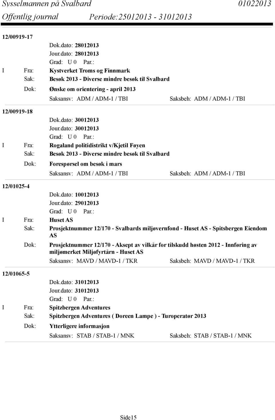 dato: 30012013 I Fra: Rogaland politidistrikt v/kjetil Føyen Sak: Besøk 2013 - Diverse mindre besøk til Svalbard Dok: Forespørsel om besøk i mars Saksansv: ADM / ADM-1 / TBI Saksbeh: ADM / ADM-1 /