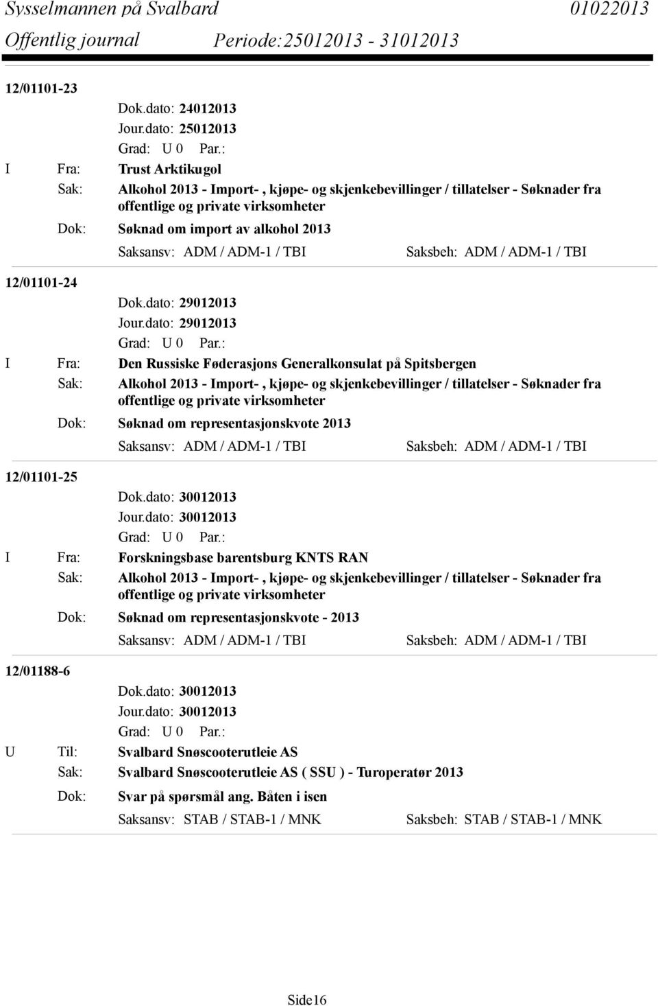 Saksansv: ADM / ADM-1 / TBI Saksbeh: ADM / ADM-1 / TBI 12/01101-24 I Fra: Den Russiske Føderasjons Generalkonsulat på Spitsbergen Sak: Alkohol 2013 - Import-, kjøpe- og skjenkebevillinger /