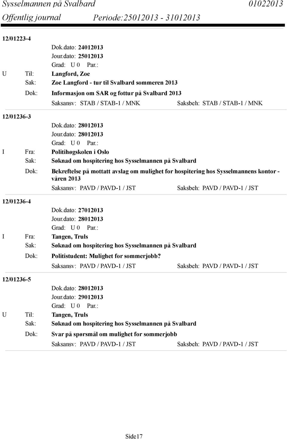 hospitering hos Sysselmannen på Svalbard Dok: Bekreftelse på mottatt avslag om mulighet for hospitering hos Sysselmannens kontor - våren 2013 Saksansv: PAVD / PAVD-1 / JST Saksbeh: PAVD / PAVD-1 /