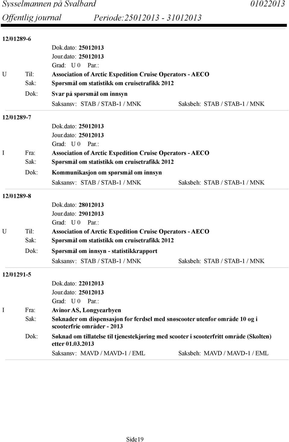 of Arctic Expedition Cruise Operators - AECO Sak: Spørsmål om statistikk om cruisetrafikk 2012 Dok: Spørsmål om innsyn - statistikkrapport 12/01291-5 Dok.