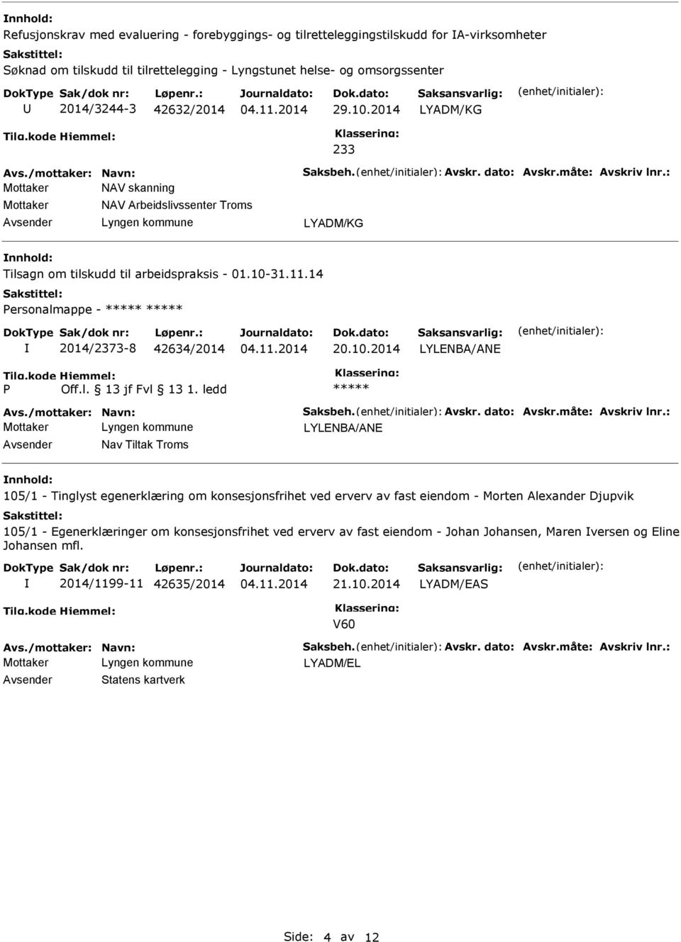 : Mottaker NAV skanning Mottaker NAV Arbeidslivssenter Troms LYADM/KG nnhold: Tilsagn om tilskudd til arbeidspraksis - 01.10-31.11.14 Personalmappe - 2014/2373-8 42634/2014 20.10.2014 LYLENBA/ANE P Off.