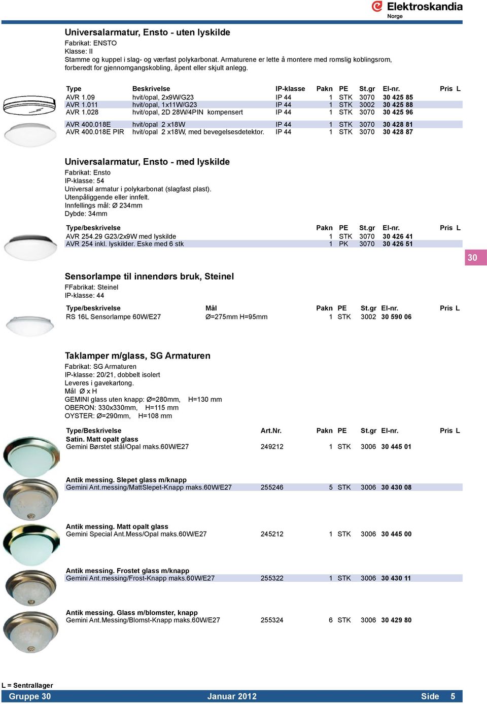09 hvit/opal, 2x9W/G23 IP 44 1 STK 3070 30 425 85 AVR 1.011 hvit/opal, 1x11W/G23 IP 44 1 STK 3002 30 425 88 AVR 1.028 hvit/opal, 2D 28W/4PIN kompensert IP 44 1 STK 3070 30 425 96 AVR 400.