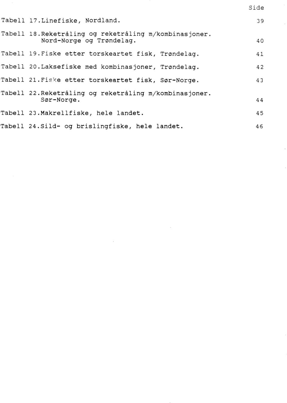 Laksefiske med kombinasjoner, Trsndeag. Tabe 21.Fis4e etter torskeartet fisk, S0r-Norge. Tabe 22.