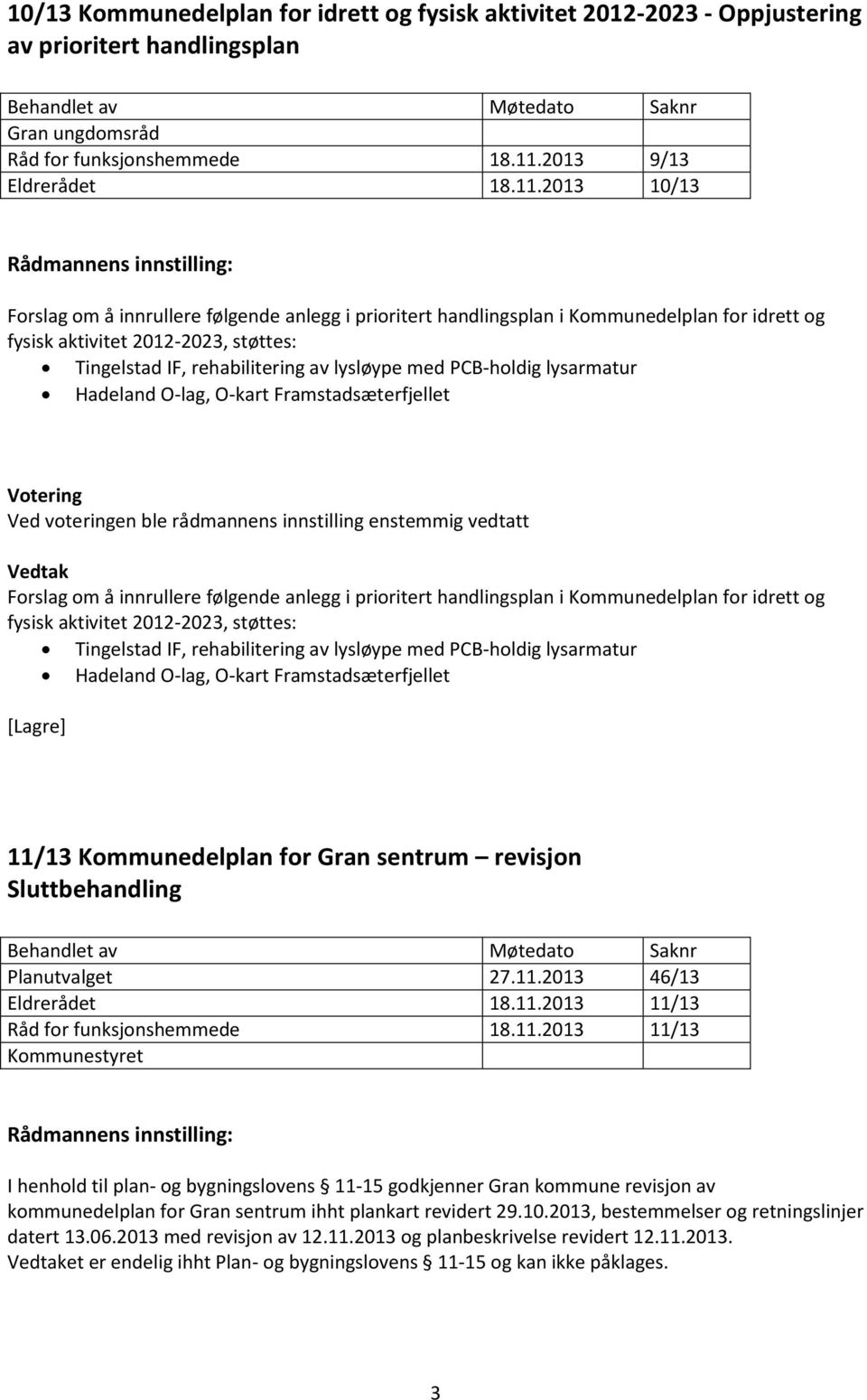 2013 10/13 Forslag om å innrullere følgende anlegg i prioritert handlingsplan i Kommunedelplan for idrett og fysisk aktivitet 2012-2023, støttes: Tingelstad IF, rehabilitering av lysløype med