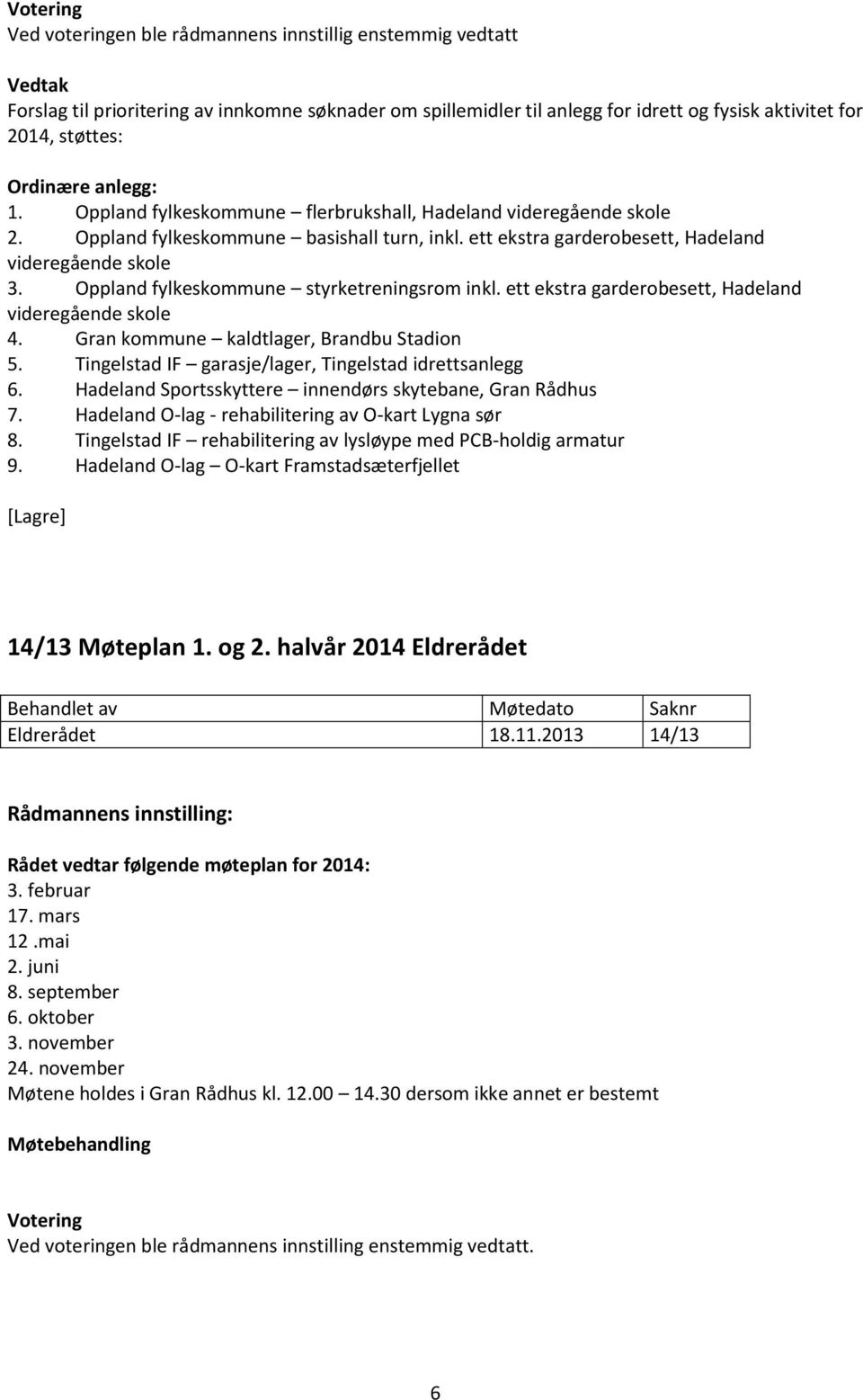 Oppland fylkeskommune styrketreningsrom inkl. ett ekstra garderobesett, Hadeland videregående skole 4. Gran kommune kaldtlager, Brandbu Stadion 5.