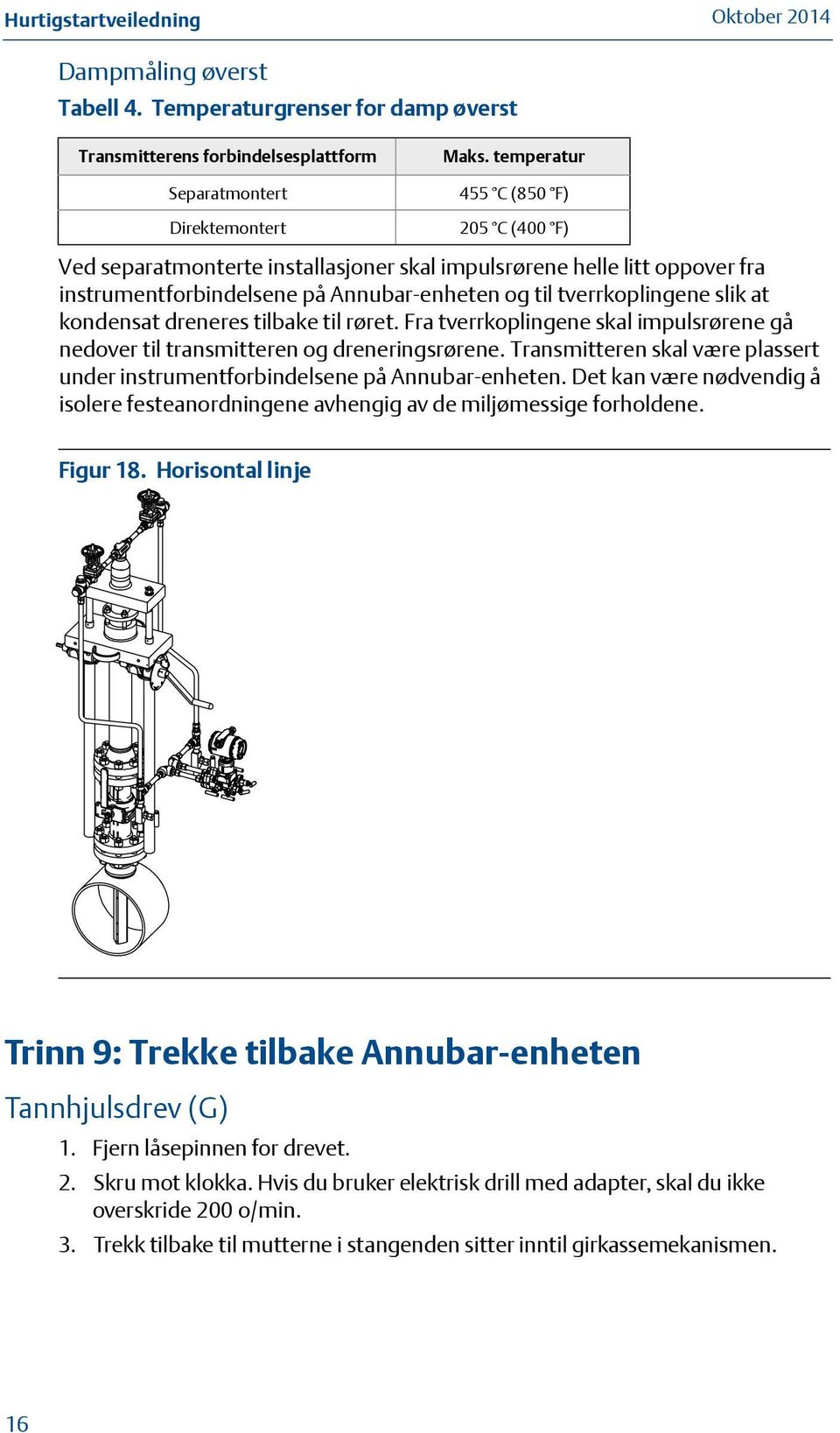 tverrkoplingene slik at kondensat dreneres tilbake til røret. Fra tverrkoplingene skal impulsrørene gå nedover til transmitteren og dreneringsrørene.