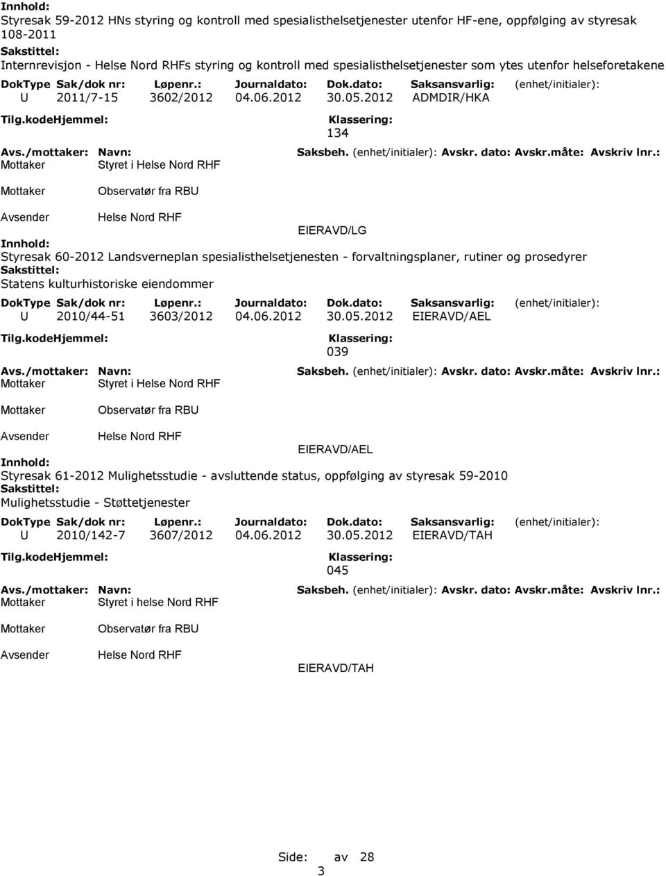 2012 ADMDIR/HKA Styret i 134 Observatør fra RBU Styresak 60-2012 Landsverneplan spesialisthelsetjenesten - forvaltningsplaner, rutiner og prosedyrer Statens kulturhistoriske eiendommer U