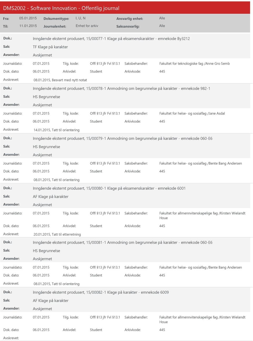 01.2015, Tatt til orientering Inngående eksternt produsert, 15/00080-1 Klage på eksamenskarakter - emnekode 6001 20.01.2015, Tatt til etterretning Inngående eksternt produsert, 15/00081-1 Anmodning om begrunnelse på karakter - emnekode 060-E6 08.