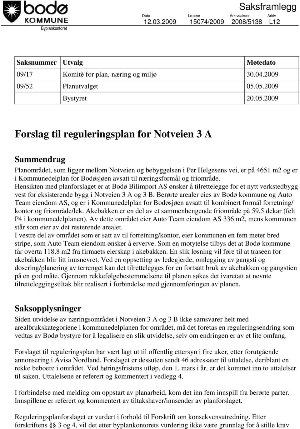 for Bodøsjøen avsatt til næringsformål og friområde.