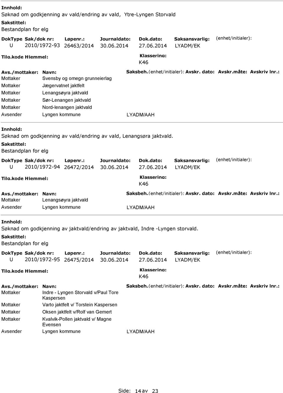 Bestandplan for elg 2010/1972-94 26472/2014 LYADM/EK K46 Lenangsøyra jaktvald Søknad om godkjenning av jaktvald/endring av jaktvald, ndre -Lyngen storvald.