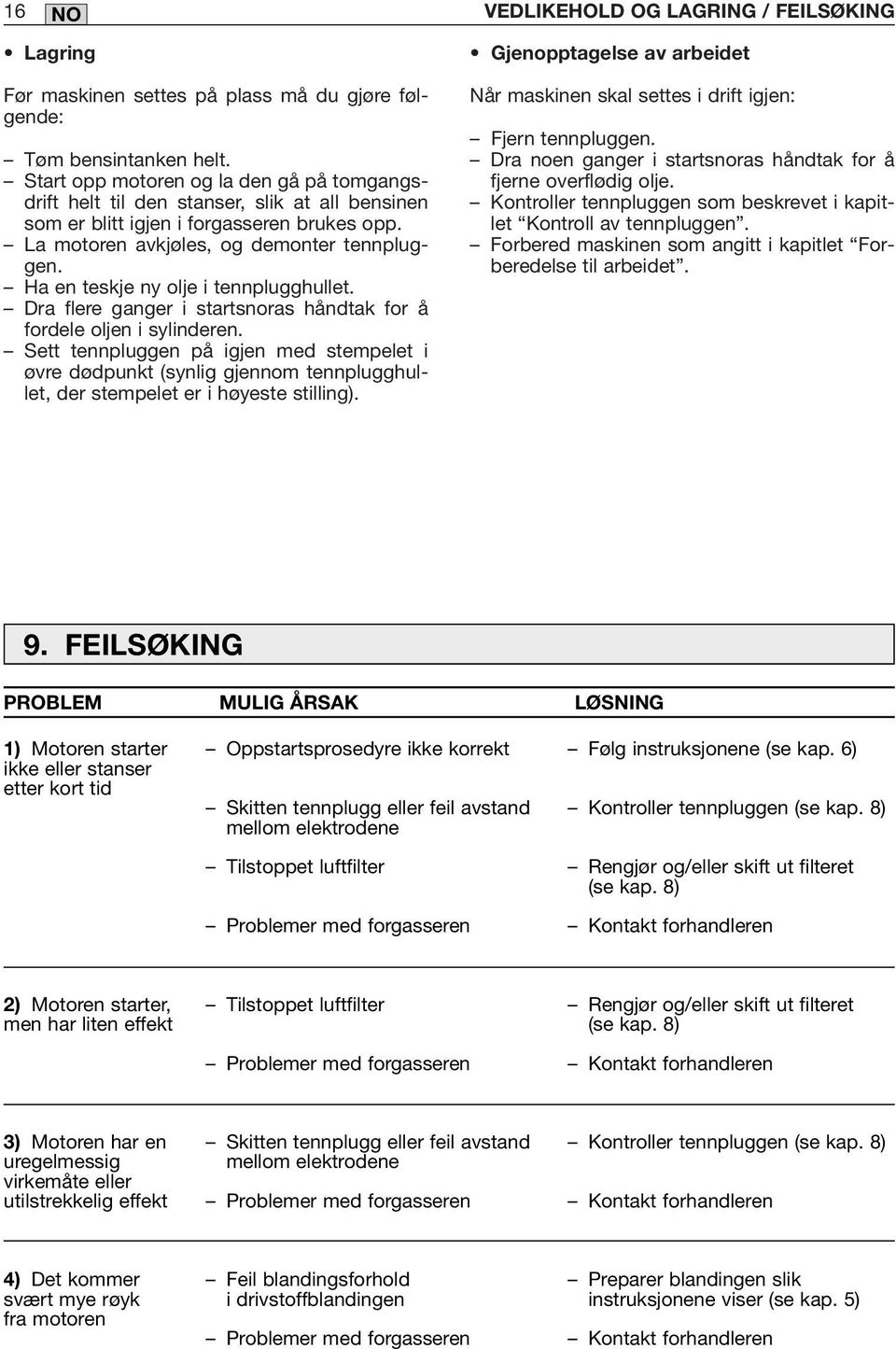 Ha en teskje ny olje i tennplugghullet. Dra flere ganger i startsnoras håndtak for å fordele oljen i sylinderen.