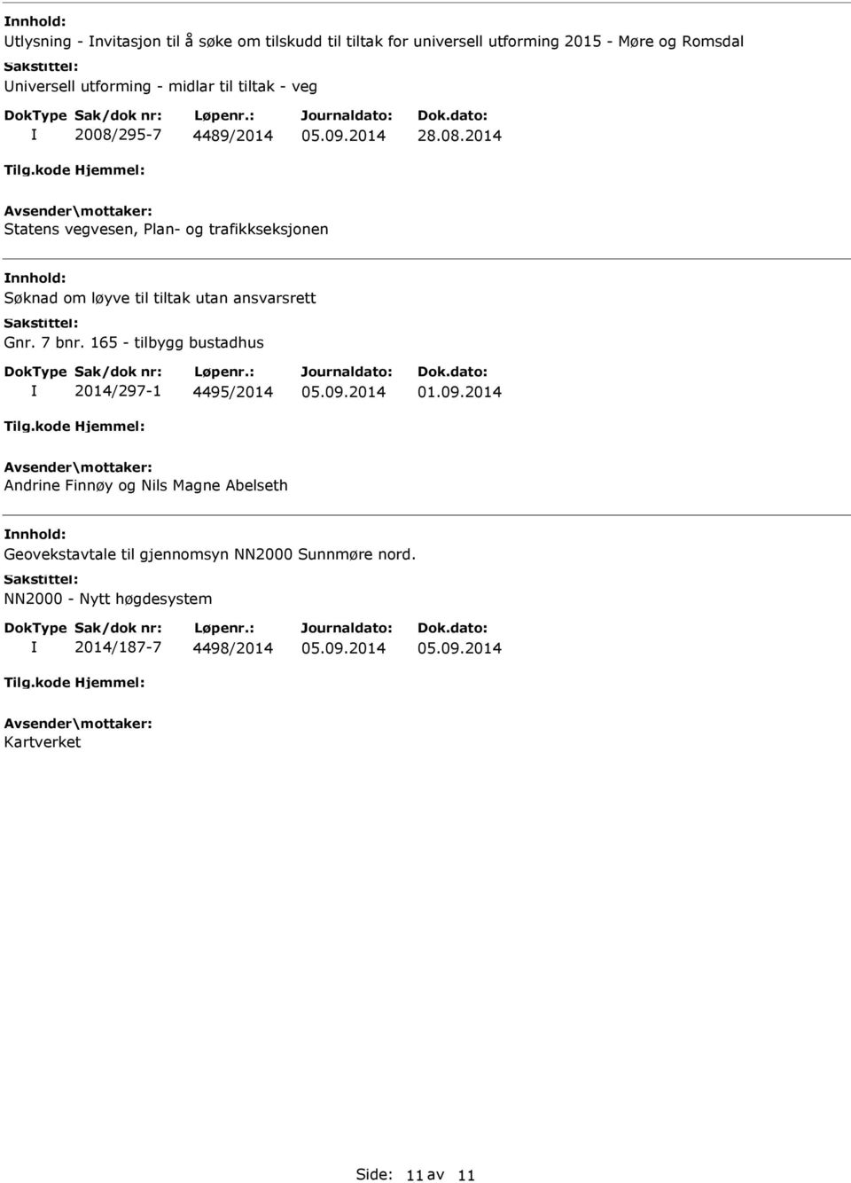 295-7 4489/2014 28.08.2014 Statens vegvesen, Plan- og trafikkseksjonen Søknad om løyve til tiltak utan ansvarsrett Gnr.