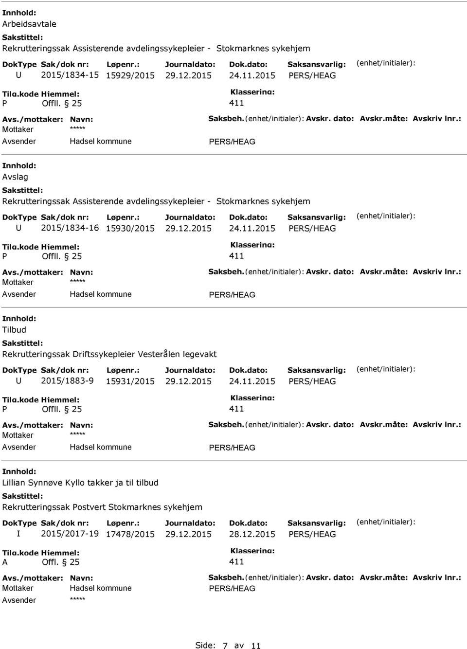 25 Mottaker Tilbud Rekrutteringssak Driftssykepleier Vesterålen legevakt 2015/1883-9 15931/2015 24.11.2015 P Offll.