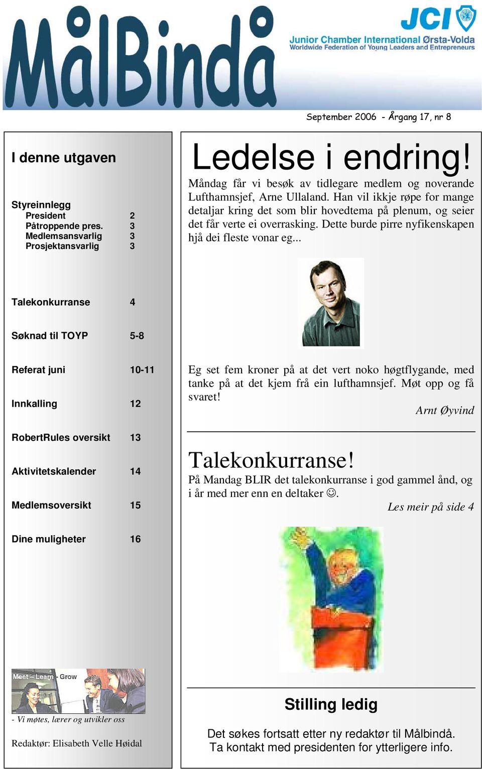 .. Talekonkurranse 4 Søknad til TOYP 5-8 Referat juni 10-11 Innkalling 12 RobertRules oversikt 13 Aktivitetskalender 14 Medlemsoversikt 15 Eg set fem kroner på at det vert noko høgtflygande, med