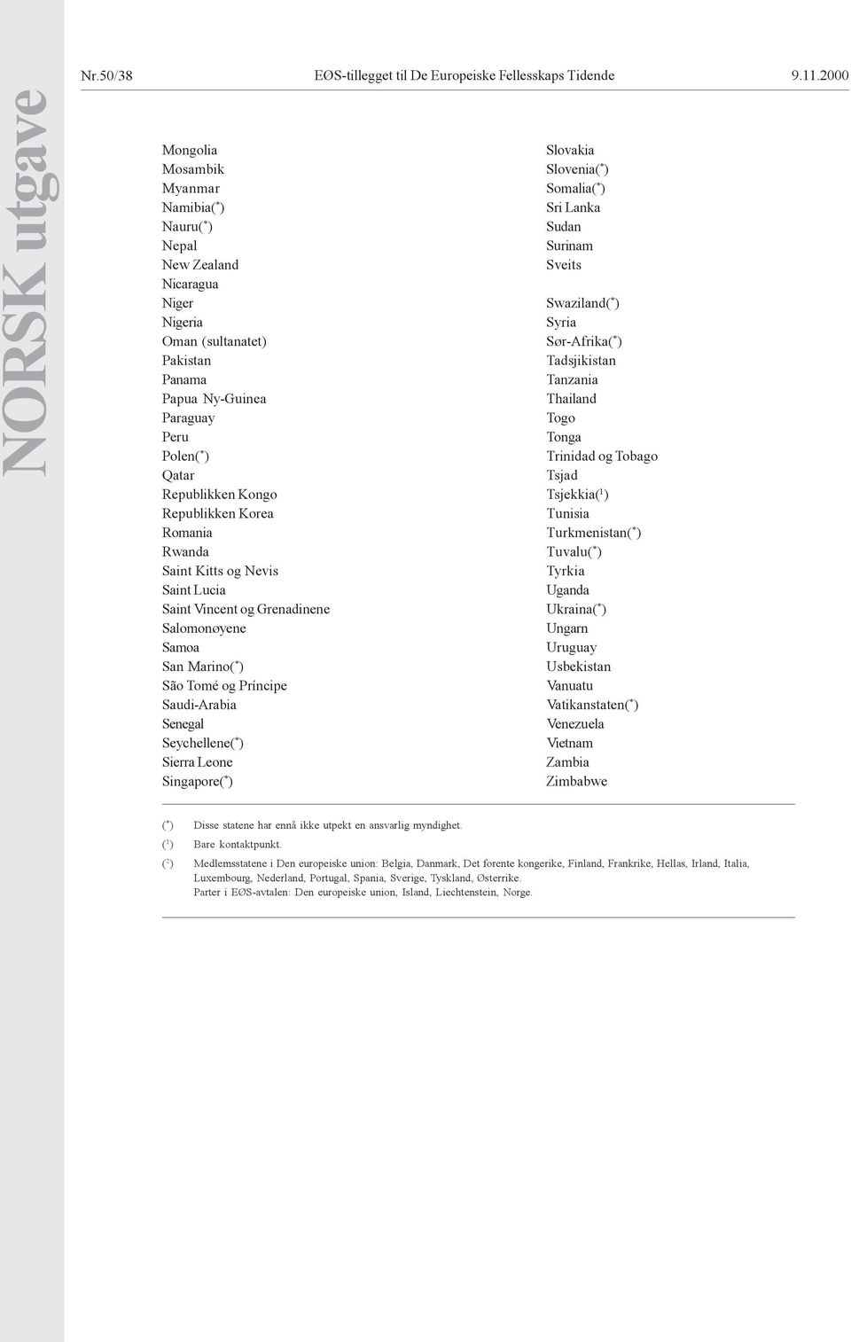 Rwanda Saint Kitts og Nevis Saint Lucia Saint Vincent og Grenadinene Salomonøyene San Marino( * ) São Tomé og Príncipe Saudi-Arabia Senegal Seychellene( * ) Sierra Leone Singapore( * ) Slovakia