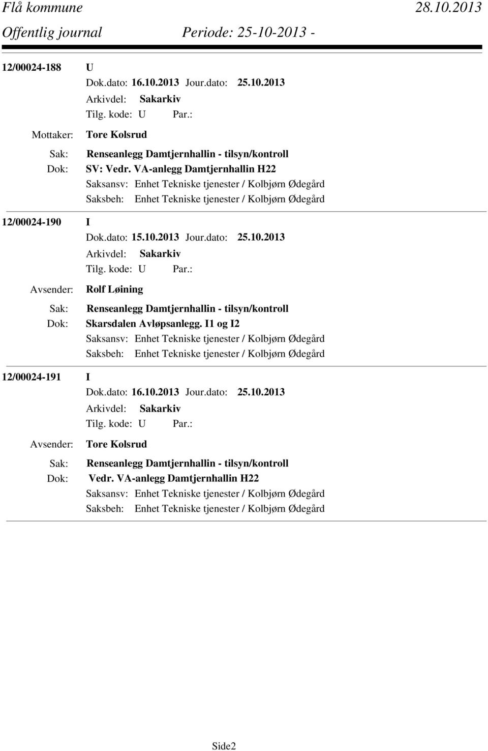 2013 Jour.dato: 25.10.2013 Rolf Løining Renseanlegg Damtjernhallin - tilsyn/kontroll Skarsdalen Avløpsanlegg.