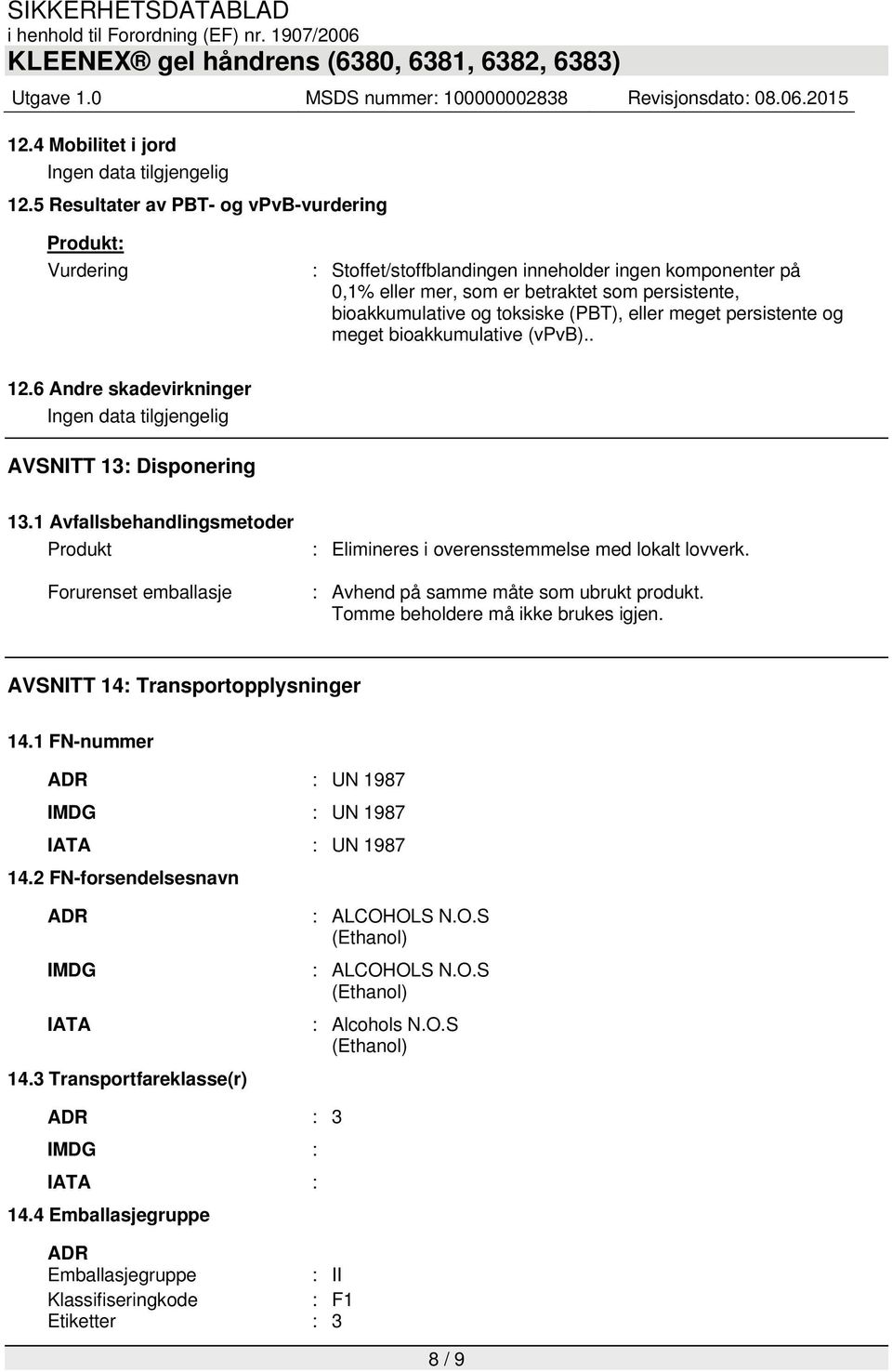 meget persistente og meget bioakkumulative (vpvb).. 12.6 Andre skadevirkninger AVSNITT 13: Disponering 13.