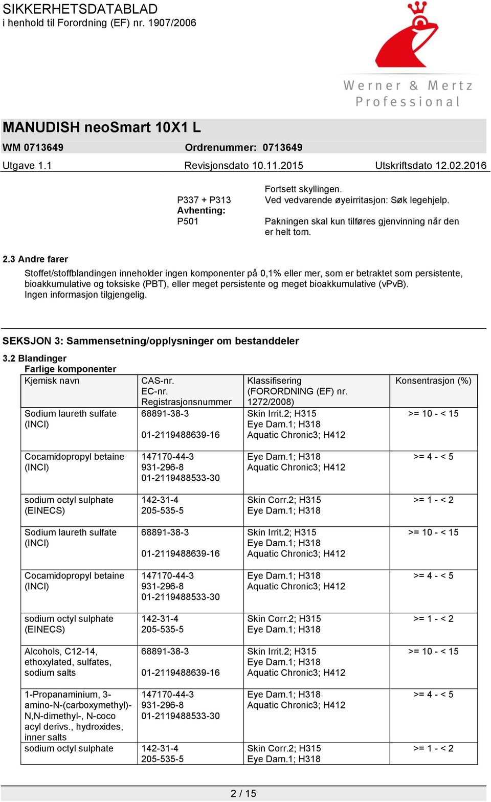 bioakkumulative (vpvb). Ingen informasjon tilgjengelig. SEKSJON 3: Sammensetning/opplysninger om bestanddeler 3.2 Blandinger Farlige komponenter Kjemisk navn Sodium laureth sulfate (INCI) CAS-nr.