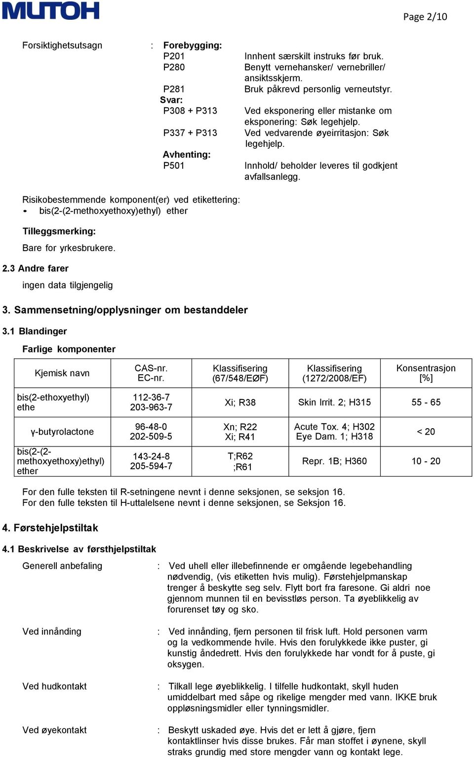 Risikobestemmende komponent(er) ved etikettering: Tilleggsmerking: Bare for yrkesbrukere. 2.3 Andre farer 3. Sammensetning/opplysninger om bestanddeler 3.