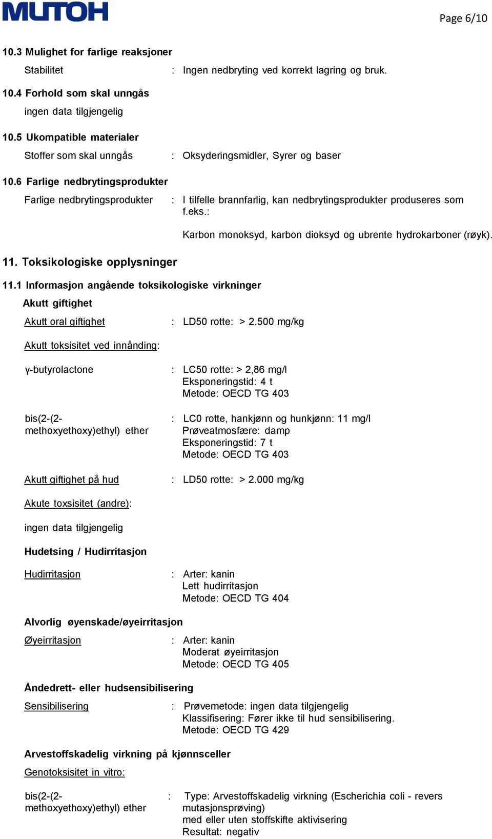 1 Informasjon angående toksikologiske virkninger Akutt giftighet Akutt oral giftighet Akutt toksisitet ved innånding: : I tilfelle brannfarlig, kan nedbrytingsprodukter produseres som f.eks.