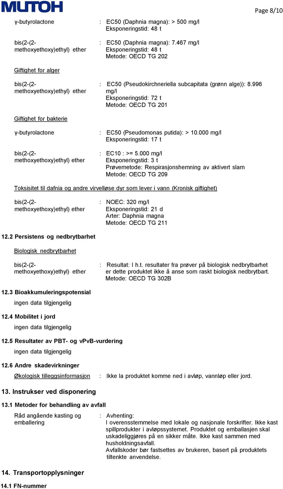 996 mg/l Eksponeringstid: 72 t Metode: OECD TG 201 Giftighet for bakterie γ-butyrolactone : EC50 (Pseudomonas putida): > 10.000 mg/l Eksponeringstid: 17 t : EC10 : >= 5.