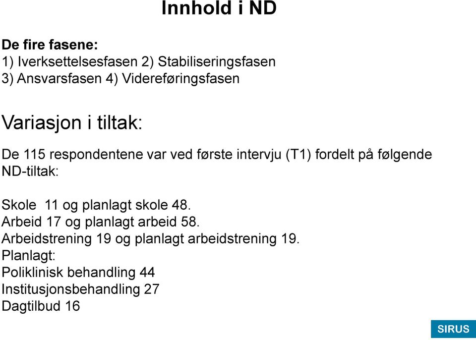 følgende ND-tiltak: Skole 11 og planlagt skole 48. Arbeid 17 og planlagt arbeid 58.