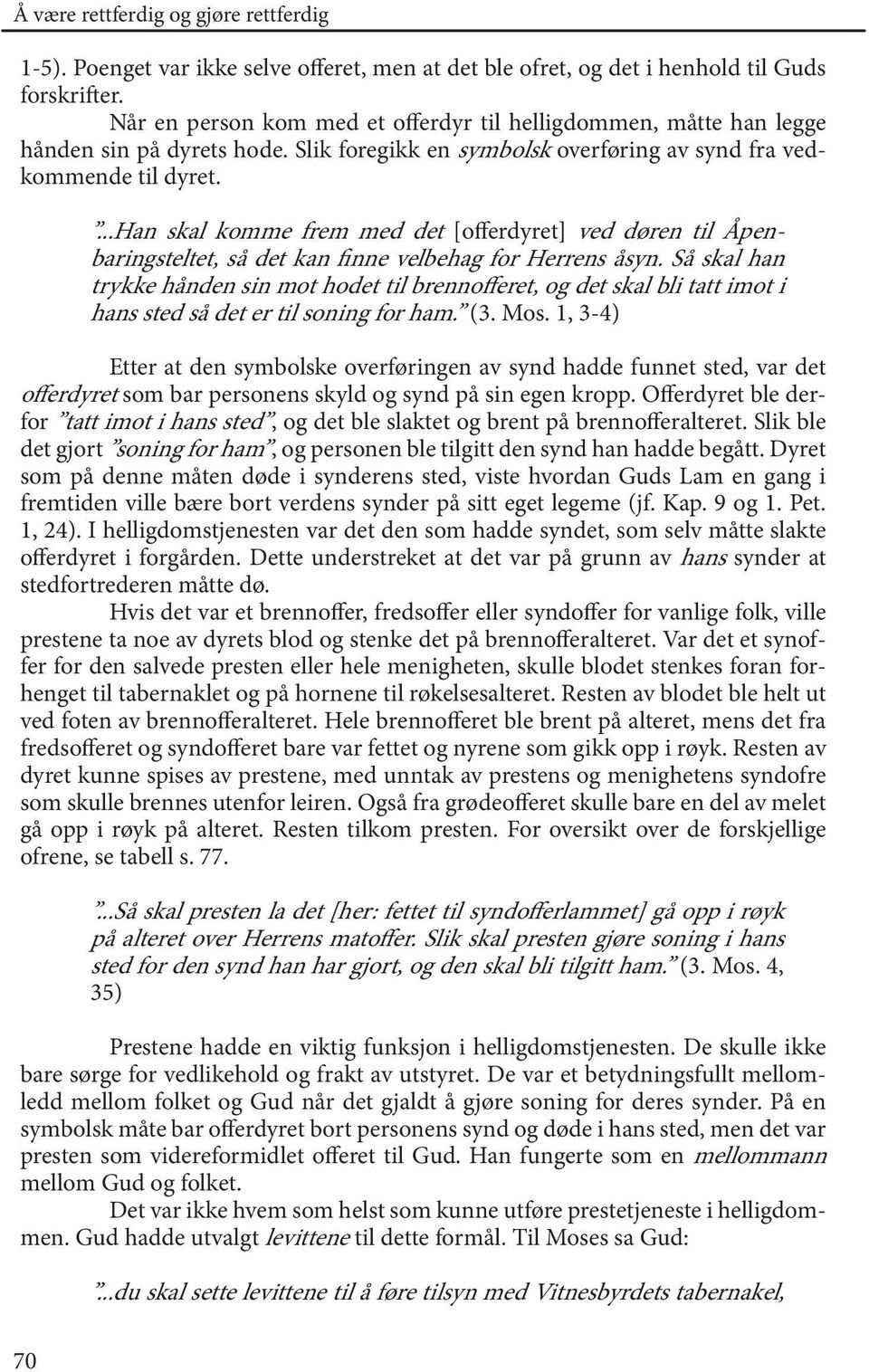 Så skal han trykke hånden sin mot hodet til brennofferet, og det skal bli tatt imot i hans sted så det er til soning for ham. (3. Mos.