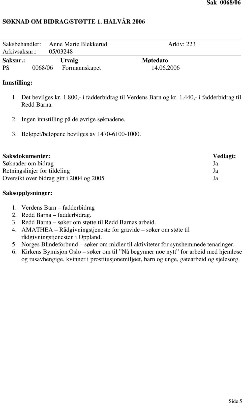 Saksdokumenter: Søknader om bidrag Retningslinjer for tildeling Oversikt over bidrag gitt i 2004 og 2005 Vedlagt: Saksopplysninger: 1. Verdens Barn fadderbidrag 2. Redd Barna fadderbidrag. 3.