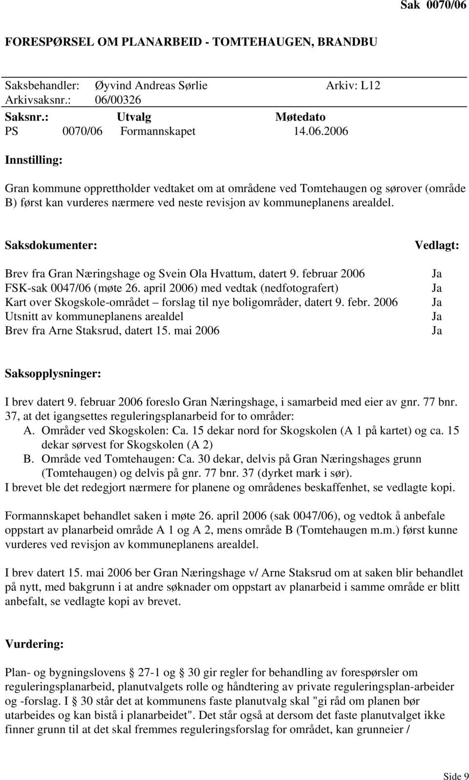 april 2006) med vedtak (nedfotografert) Kart over Skogskole-området forslag til nye boligområder, datert 9. febr. 2006 Utsnitt av kommuneplanens arealdel Brev fra Arne Staksrud, datert 15.