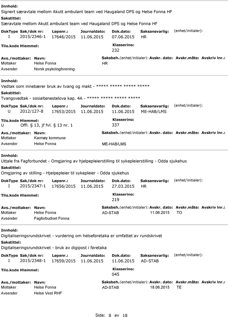 4A - ***** ***** ***** ***** 2012/127-8 17653/2015 ME-HAB/LMS 337 Mottaker Karmøy kommune ME-HAB/LMS ttale fra Fagforbundet - Omgjøring av hjelpepleierstilling til sykepleierstilling - Odda sjukehus